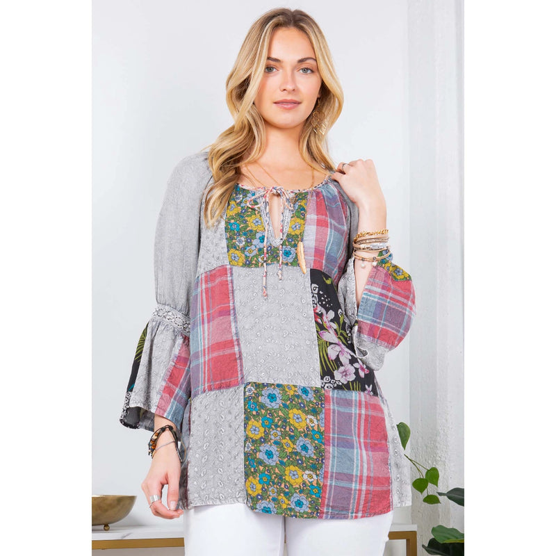 Gray Peasant Top with Print Checks Patchwork by Young Threads