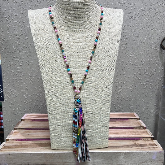 512- Multi Color Beaded Tassel Necklace w/ Leopard Print Detail