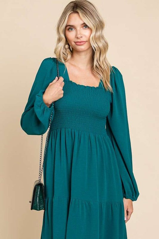 464- Hunter Green Tier Square Smock Neck Dress