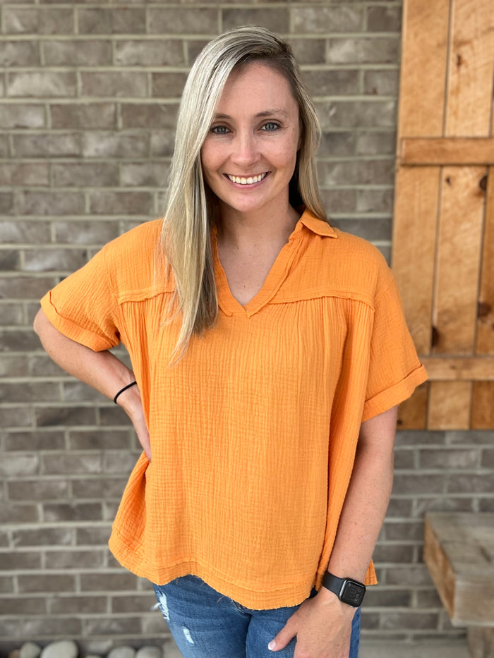2227- Orange Solid Cotton Gauze Short Sleeve Top