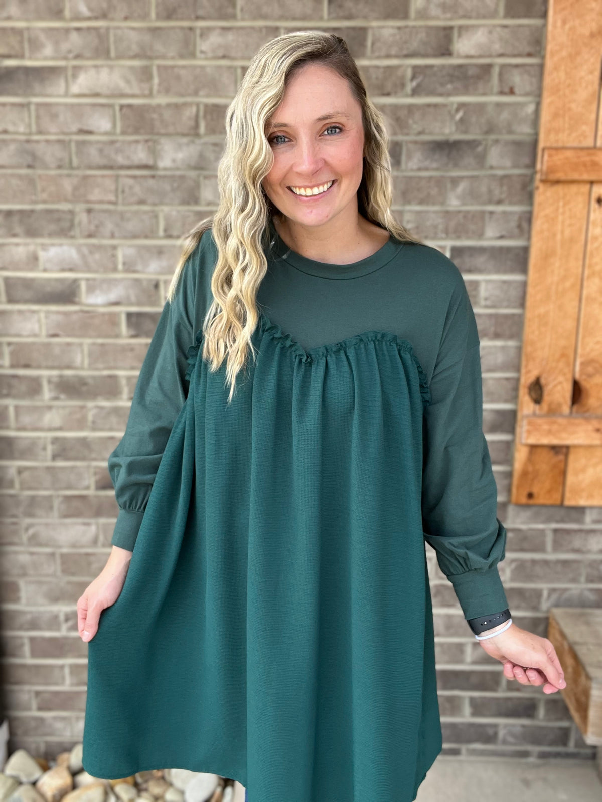 3332- Hunter Green Round Neck Drop Shoulder Long Sleeve Dress