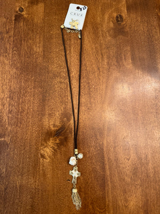 Brown, Gold Stone Cross Necklace/ Earrings