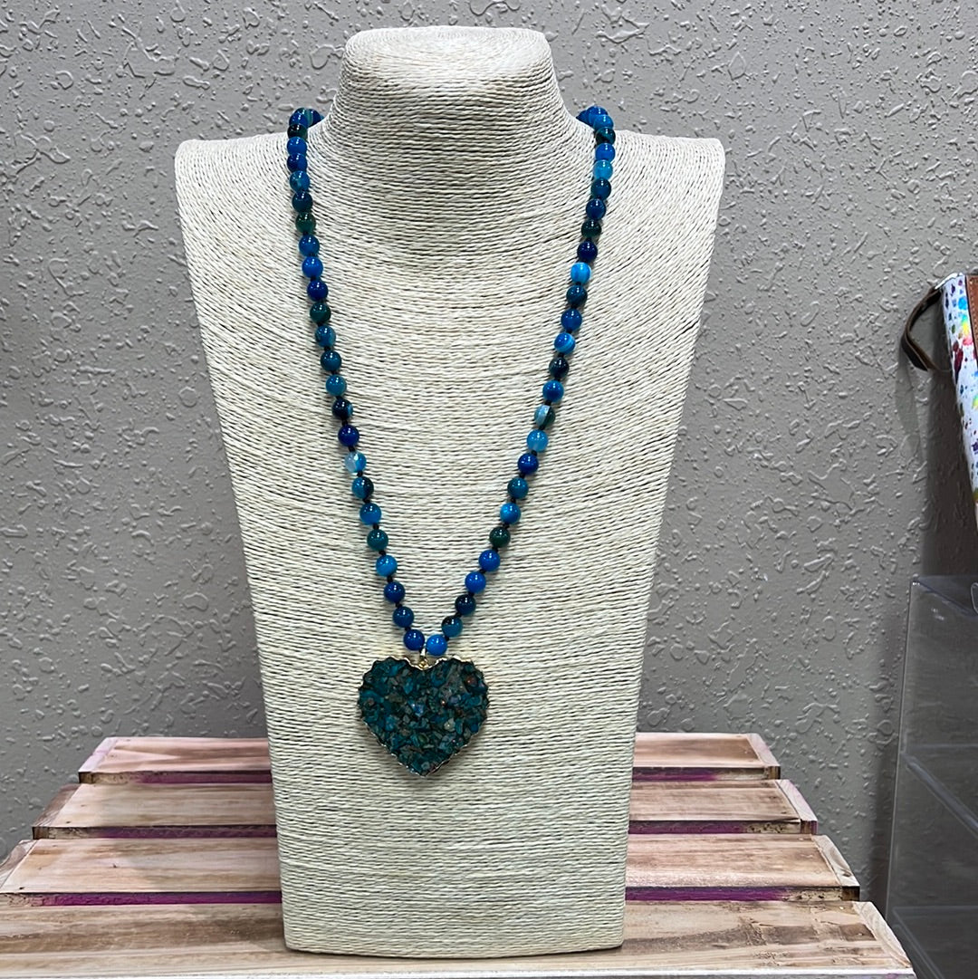 518- Blue Beaded Necklace w/ Heart Pendant