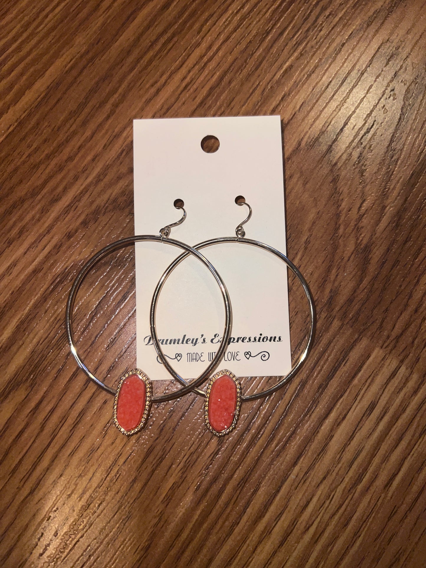 3161- Gold Hoop w/ Coral Druzy Earrings