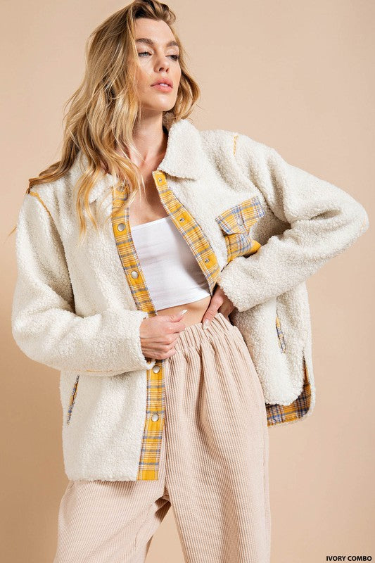 20284- Cream Plaid Sherpa Shacket w/ Mustard Lining