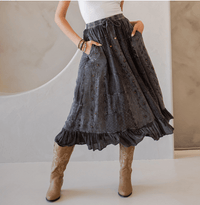 3832- Women Patchwork Embroidered Maxi Skirt With Side Pockets: CHARCOAL TRIM