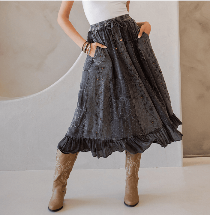 3832- Women Patchwork Embroidered Maxi Skirt With Side Pockets: CHARCOAL TRIM