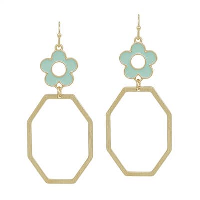 Mint Enamel Flower with Open Octagon 2" Earring