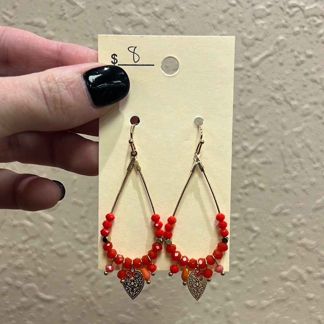 30048- Orange Beaded Hoop Earring w/ Heart Detail