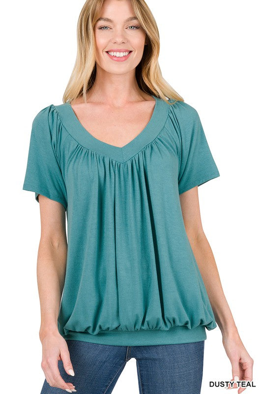 8096- Dusty Teal Shirring Short Sleeve Top