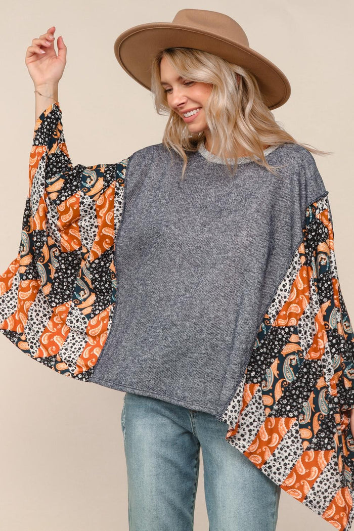 Denim/Black/Rust Round Neck Patchwork Poncho Top by Haptics
