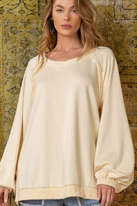 9258- Cream Milk Solid French Terry Knit Sweater w/ Criss Cross Backing