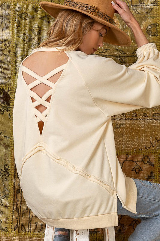 9258- Cream Milk Solid French Terry Knit Sweater w/ Criss Cross Backing