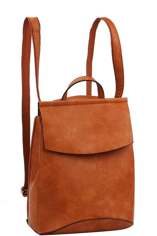 2138- Cognac Faux Leather Backpack Purse