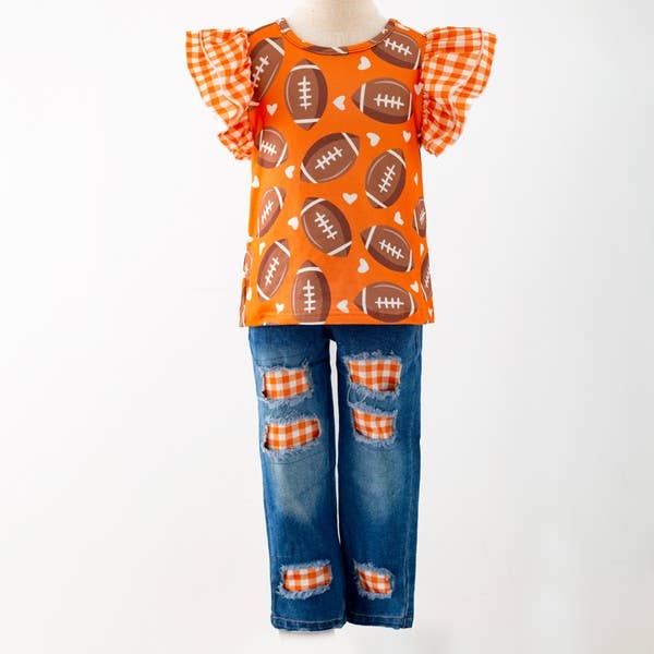 2617- Gingham Football Girls Set - Orange