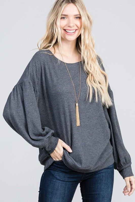 30055- Charcoal Waffle Knit Top w/ Balloon Sleeve