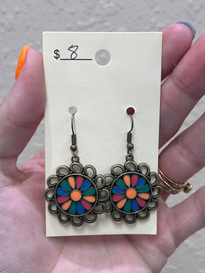 2855- Color Flower Brass Earrings