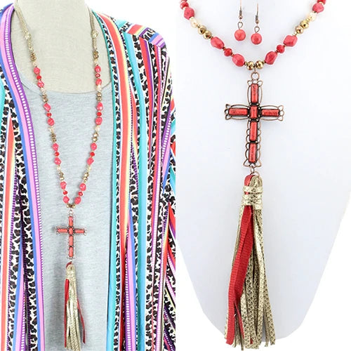 2702- Red Beaded Cross Pendant Necklace w/ Tassel