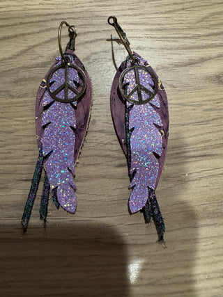 Purple Black Sparkle Layered Earrings Peace Sign Charm