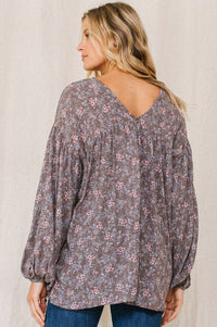 468- Dune Gray Floral Printed Babydoll Long Sleeve Blouse