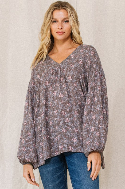 468- Dune Gray Floral Printed Babydoll Long Sleeve Blouse