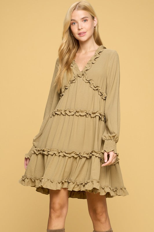 10088- Khaki Ruffle Trimmed Tiered Dress w/ v-Neck and Puff Sleeve