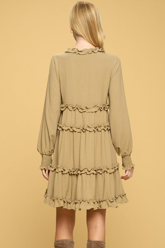 10088- Khaki Ruffle Trimmed Tiered Dress w/ v-Neck and Puff Sleeve