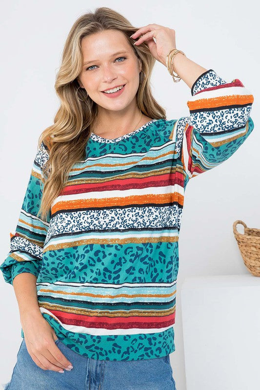 458- Teal Blue Leopard Print Stripe Long Sleeve Top