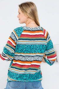 458- Teal Blue Leopard Print Stripe Long Sleeve Top