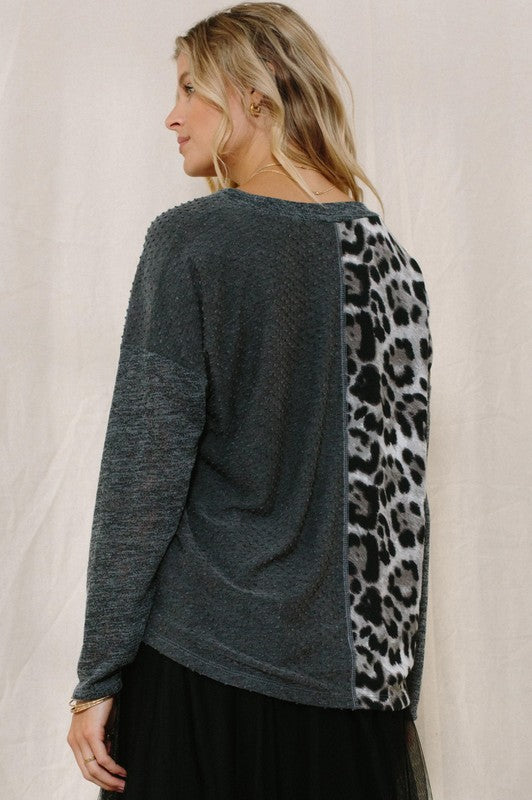 10092- Charcoal Brushed Long Sleeve Top w/ Leopard Print Detail