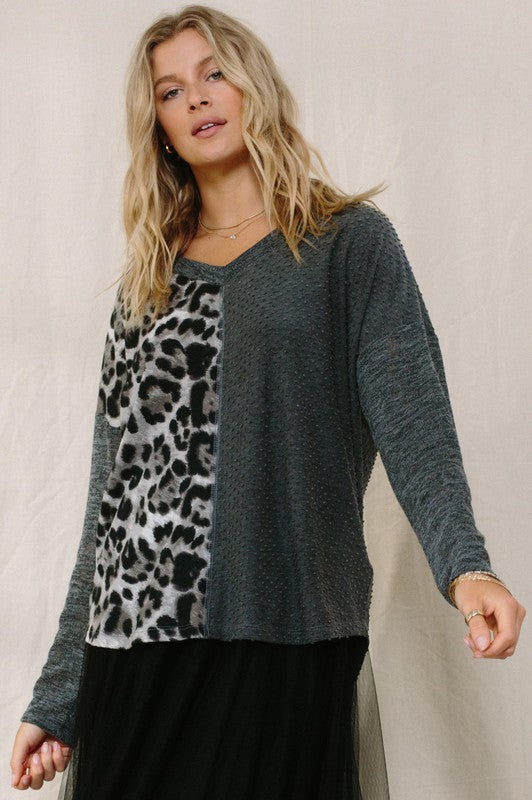 10092- Charcoal Brushed Long Sleeve Top w/ Leopard Print Detail