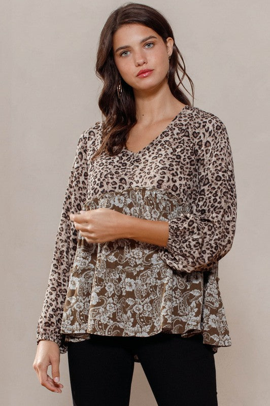 469- Olive & Leopard Print V-Neck Babydoll Long Sleeve Top