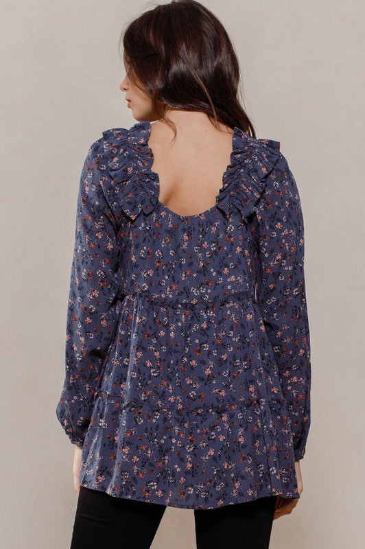 470- Midnight Navy Floral Tiered Woven Long Sleeve Top