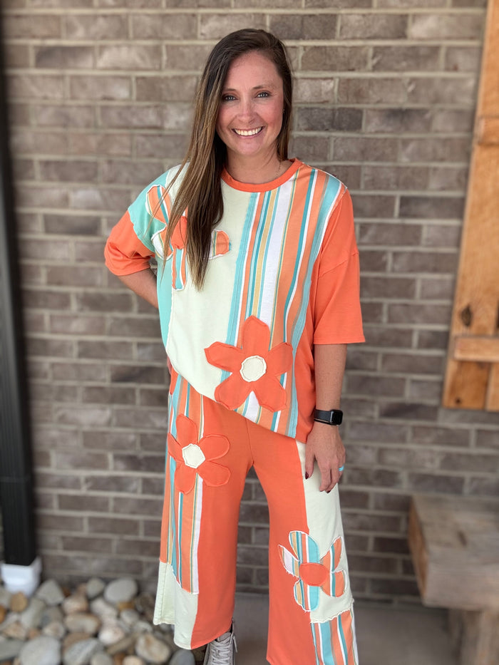 Orange and Mint Striped Washed Flower Patch Short Sleeve Top by J. Her