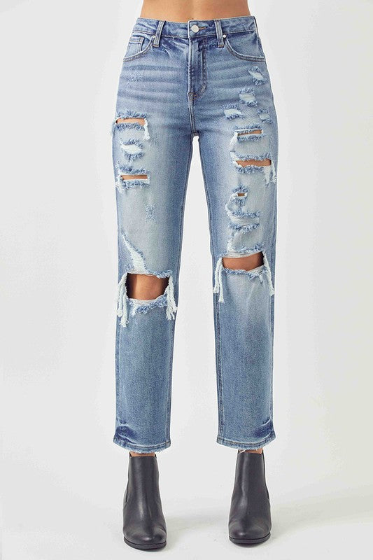 9792- Medium Wash High Rise Distressed Girlfriend Jeans