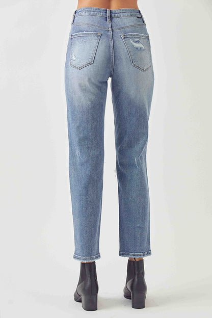 9792- Medium Wash High Rise Distressed Girlfriend Jeans