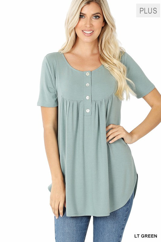 8094- Light Green Hem Short Sleeve Top w/ Button Detail