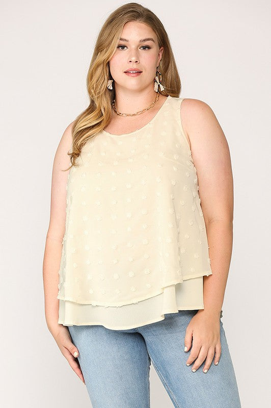 8924- Cream Woven Dot Detail Tank Top