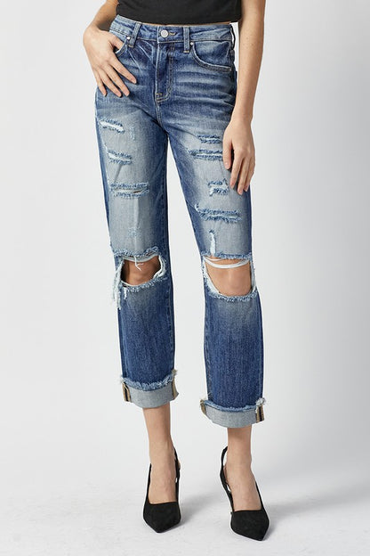 2238- Dark Wash High Rise Distressed Boyfriend Jeans