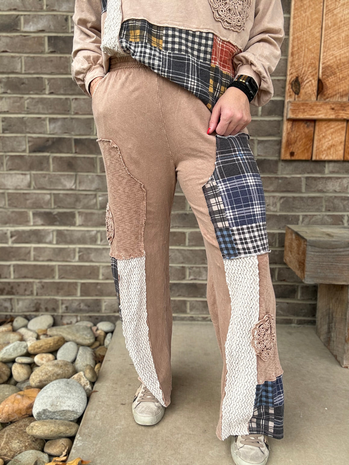 Latte Mineral Washed Plaid Patched Doily Pants by J. Her