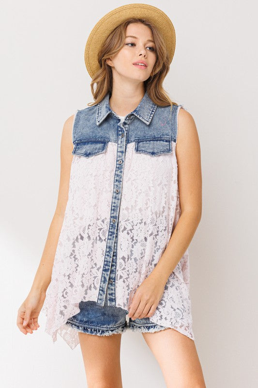 8840- Denim w/ White Lace Vest