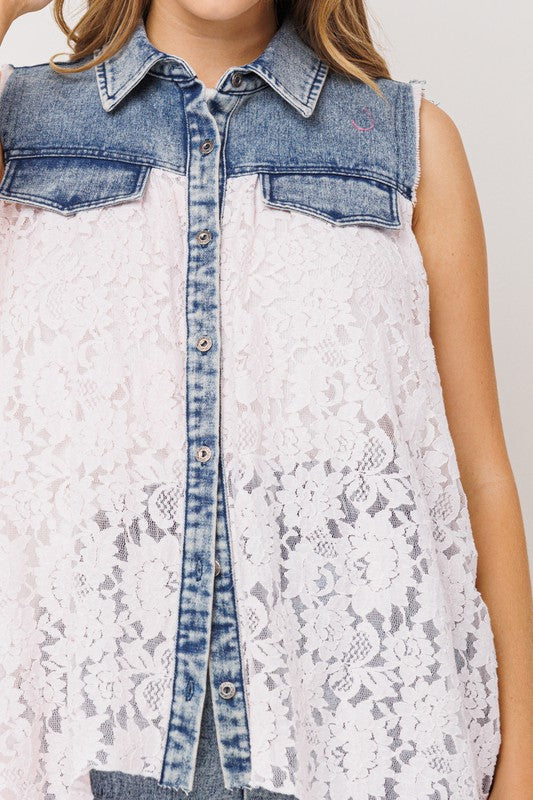 8840- Denim w/ White Lace Vest