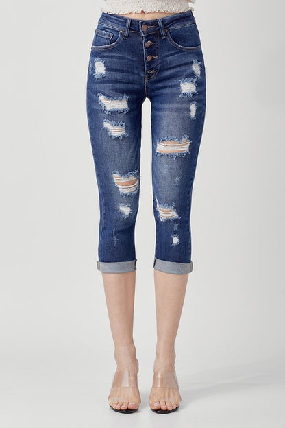 2239- Dark Wash Mid Rise Button Fly Distressed Capri Jeans