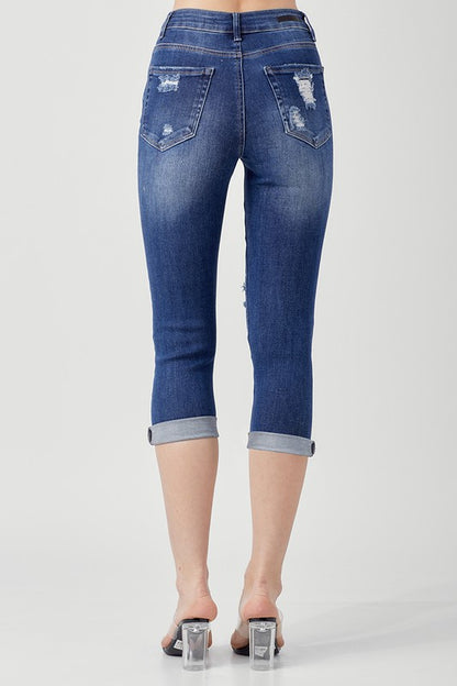 2239- Dark Wash Mid Rise Button Fly Distressed Capri Jeans