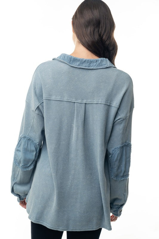 20522- Denim Button Down Lightweight Thermal Top