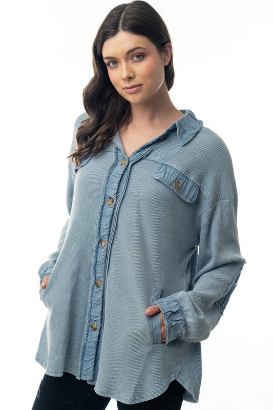 20522- Denim Button Down Lightweight Thermal Top