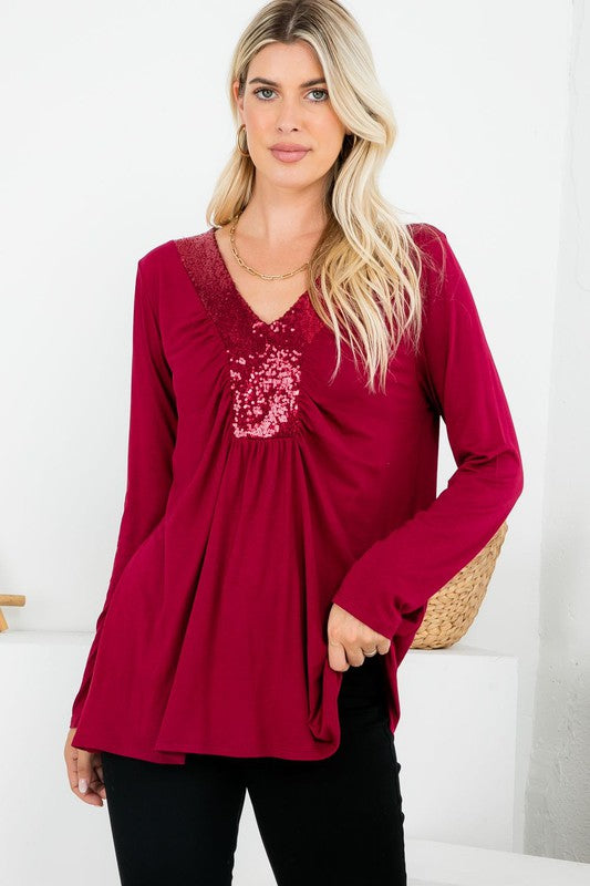 3484- Burgundy Sequin Accent Long Sleeve Top