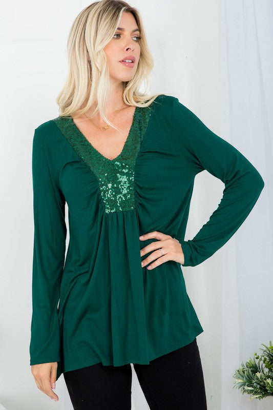 3485- Hunter Green Sequin Accent Long Sleeve Top