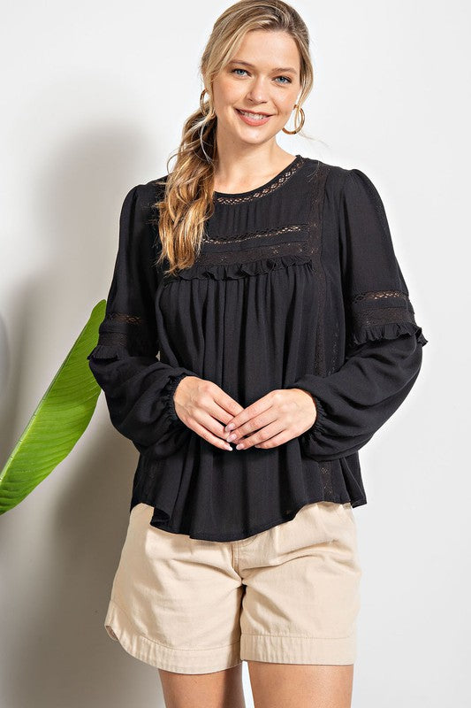 2808- Black Gauze Crochet Top w/ Long Sleeve