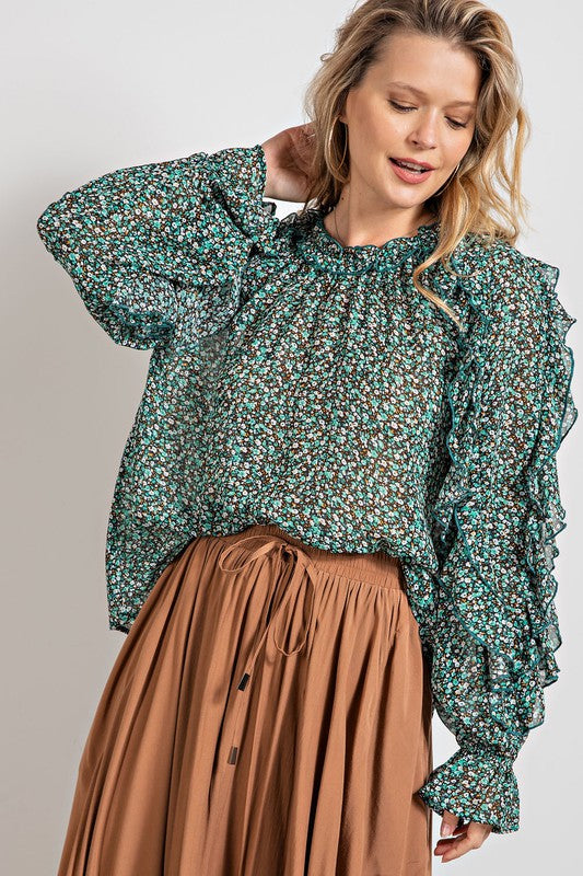 2730- Green Floral Print Chiffon Long Sleeve Blouse